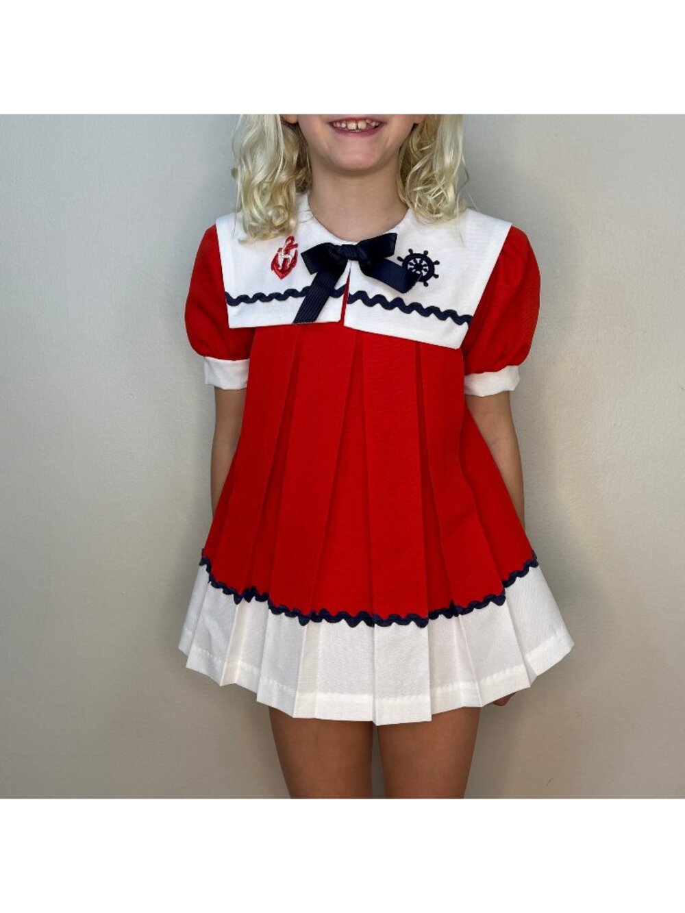 Vintage 1970s/80s Girls' Sailor Dress, Honeybee Sweet Pretty Size 4, Red Pleated
